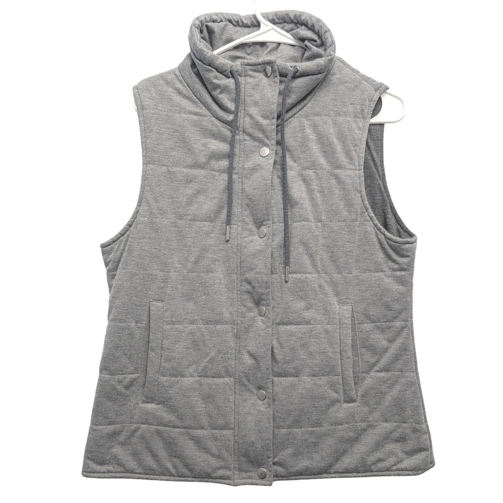 BKE Puffer Vest Womens Medium Gray Quilted Funnel Neck Zip Snap Front